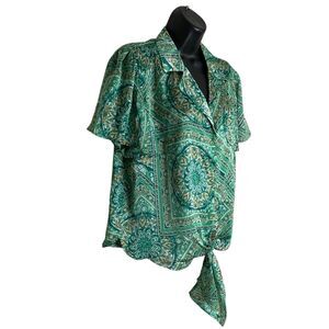 Eclair Satin Top Womens M Tie Front Blouse Boho Boxy Hippie Button Mosaic NEW